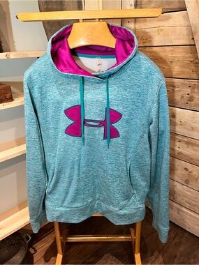 Under Armour Teal Pullover Hoodie with Pink Logo & Lining